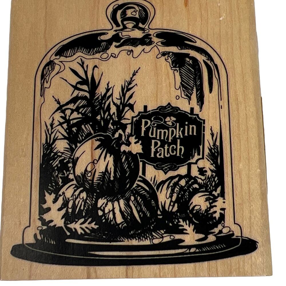 Pumpkin Patch Glass Cloche Rubber Stamp Wood Mounted Fall Crafting Block